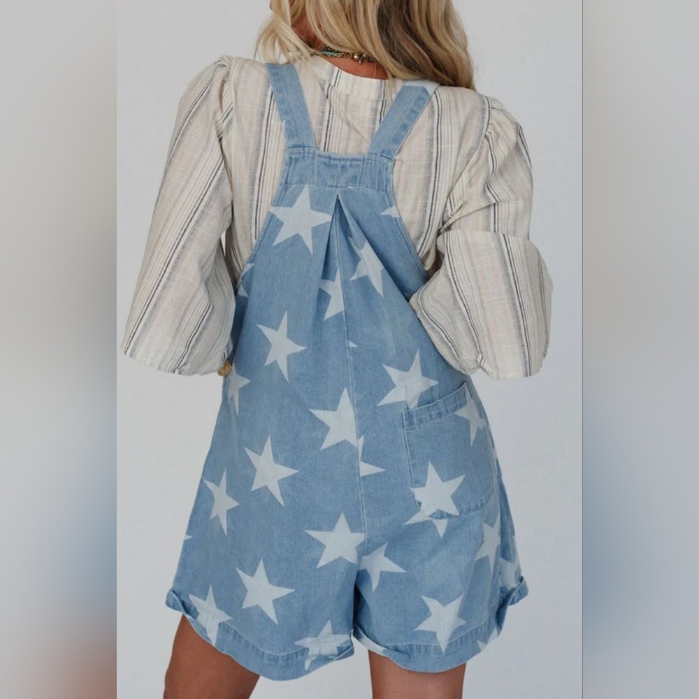 Star Print Square Neck Denim Overalls - Picture 2 of 7